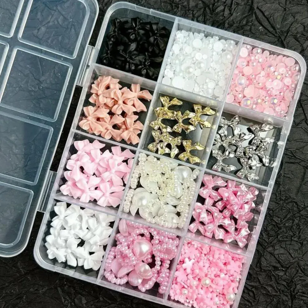 12Grids 3D Resin Pink White Bowknot Pearl Nail Charms Hollow Pearl Heart Acrylic flowers Y2k Nail Accessories Mixed Manicure Dec