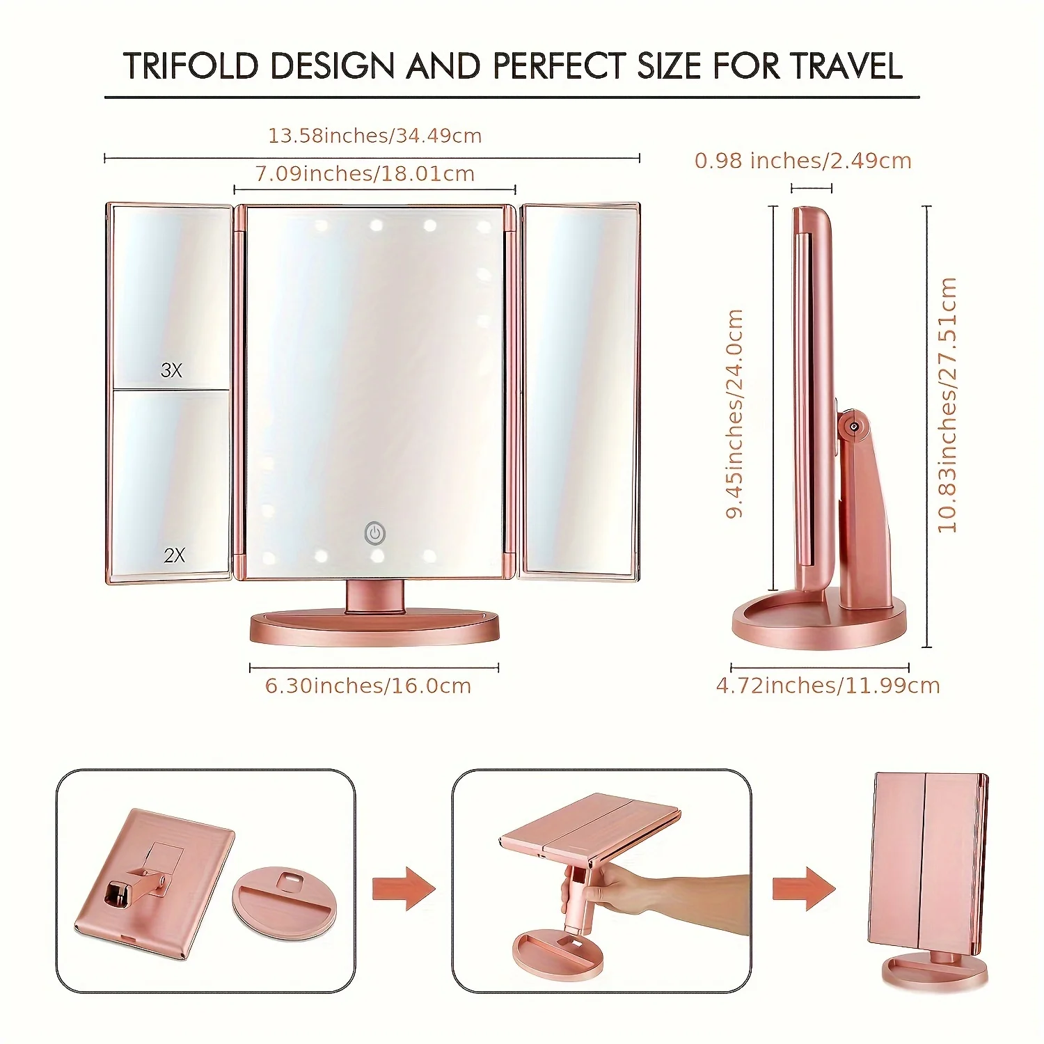 Elegant Tri-Fold Vanity Mirror - 21 LED Lights,  Control, 3x/2x Magnification, USB Powered, 180° Rotation
