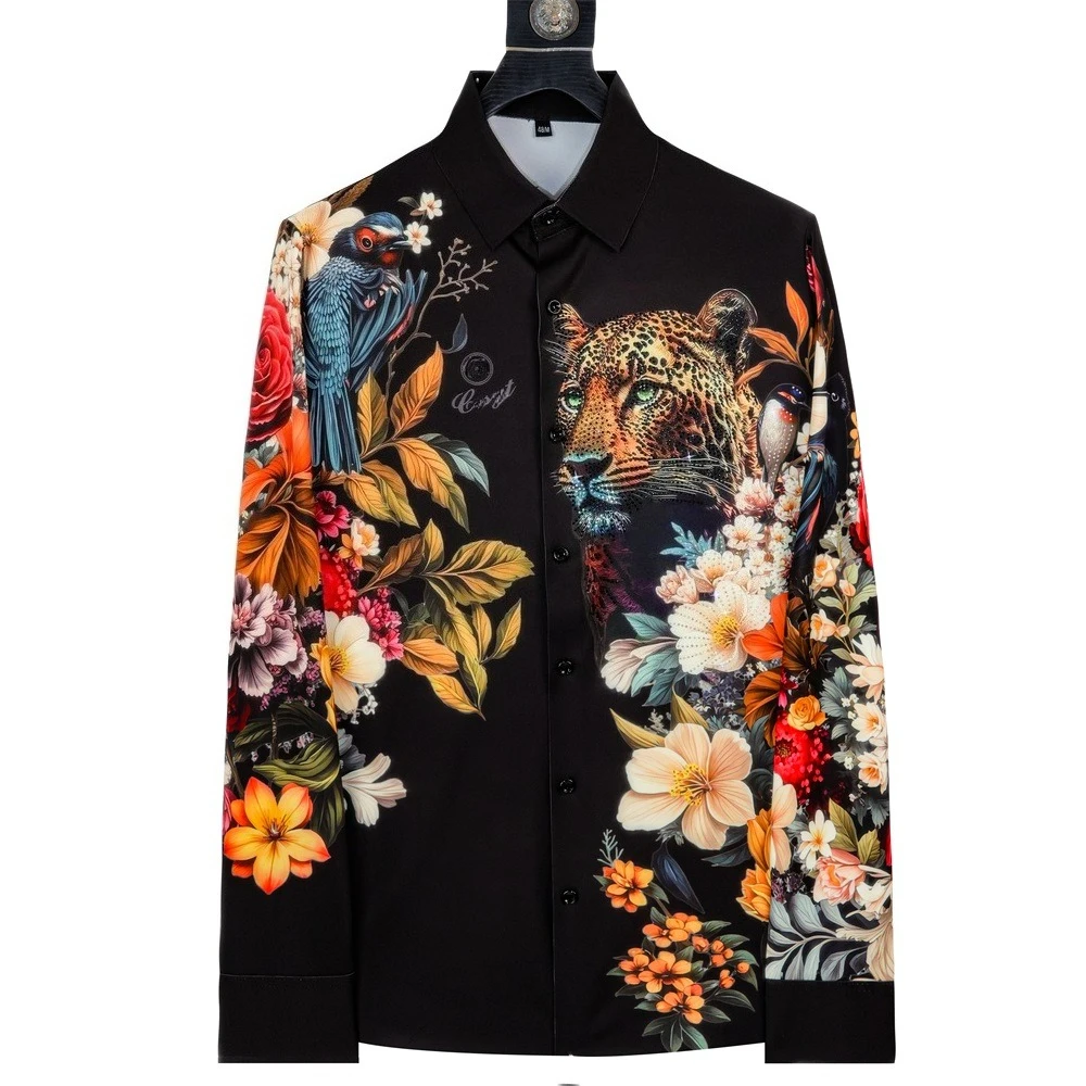 Luxury Leopard Rhinestone Shirt Men Fashion Long Sleeved Floral Shirts Casual Business Formal Dress Shirts Social Party Tops