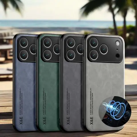 Custodia in pelle per iPhone 17 Pro Max 16 15 14 13 12 11 Pro Max 16e Cover con supporto piastra metallica Custodia per auto Capa Fundas