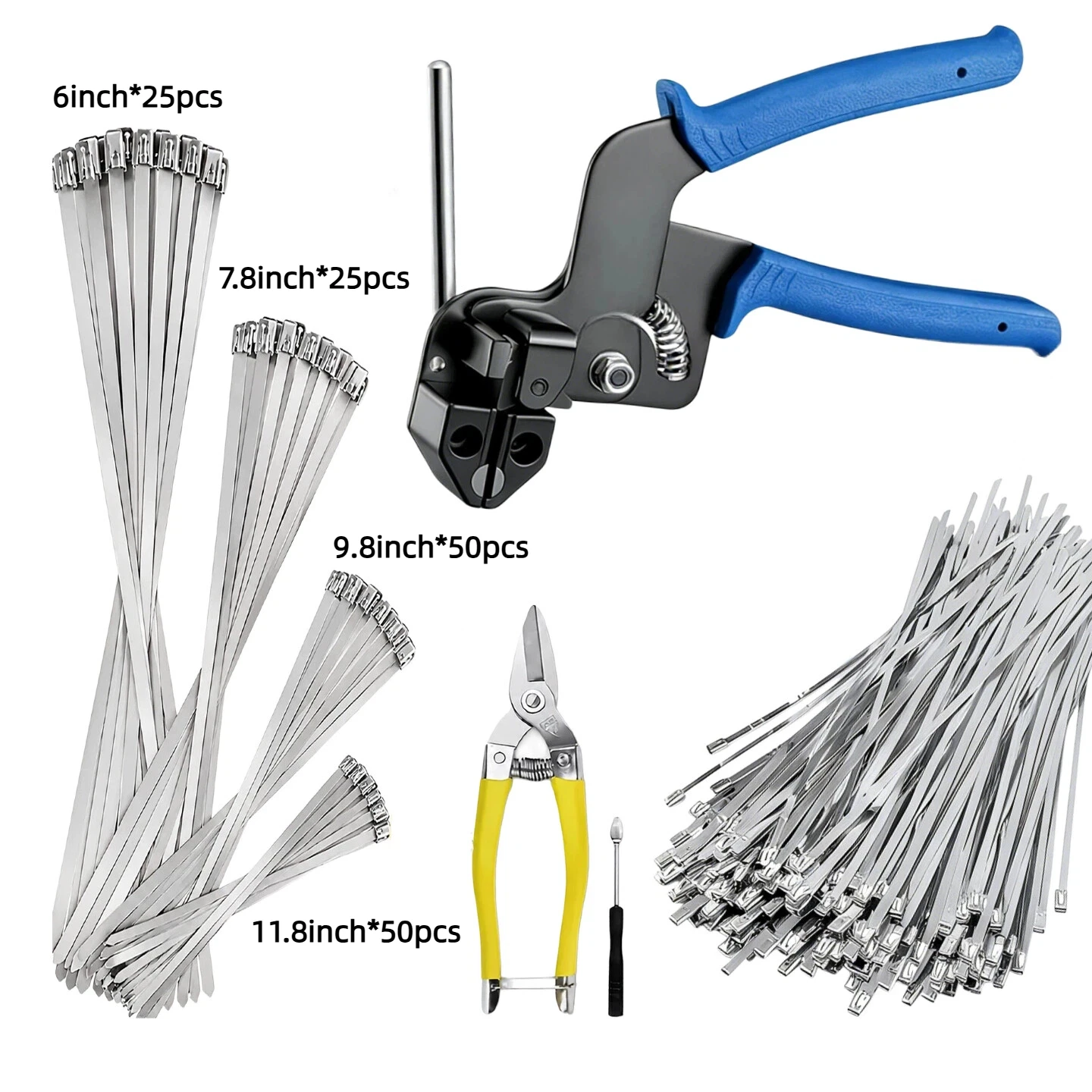 4 Sizes Stainless Steel Cable Tie Gun Set, Cable Tie Gun Kit,  UV-Resistant Self-Locking Metal Zipper for Agricultural Fencing, Pipe Installation, Construction, and Automotive Applications – Heavy-Duty Fastening System