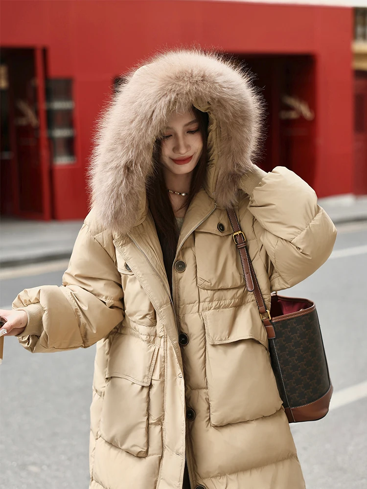 

Khaki Color Women's Mid-Length down Jacket with Large Fur Collar And Hood Thickened White Duck down Korean Style Commute Wind