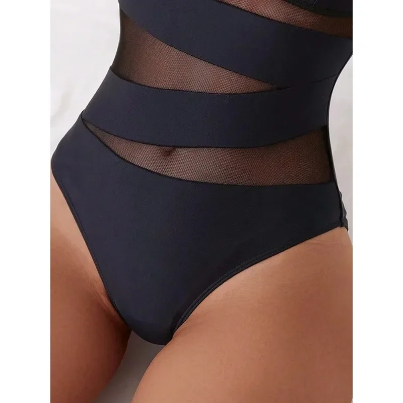 Plus Size Women's Swimsuit Slim Underwired Bra Push Up Swimsuit Mesh Fabric Bandage Black One-piece swimsuit Bodysuit