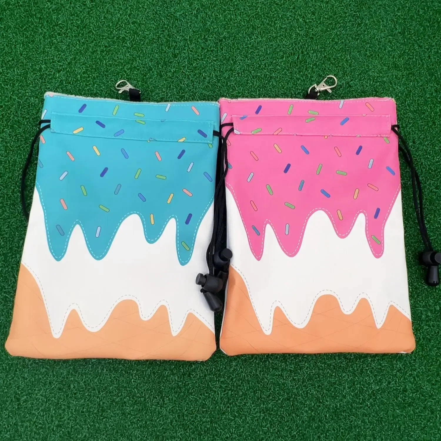 Ice Cream Golf Valuable Item Bag, Funny Golf Valuables Pouch Golf Tee Pattern, PU Leather Golf Tee Pouch with Drawstring Closure