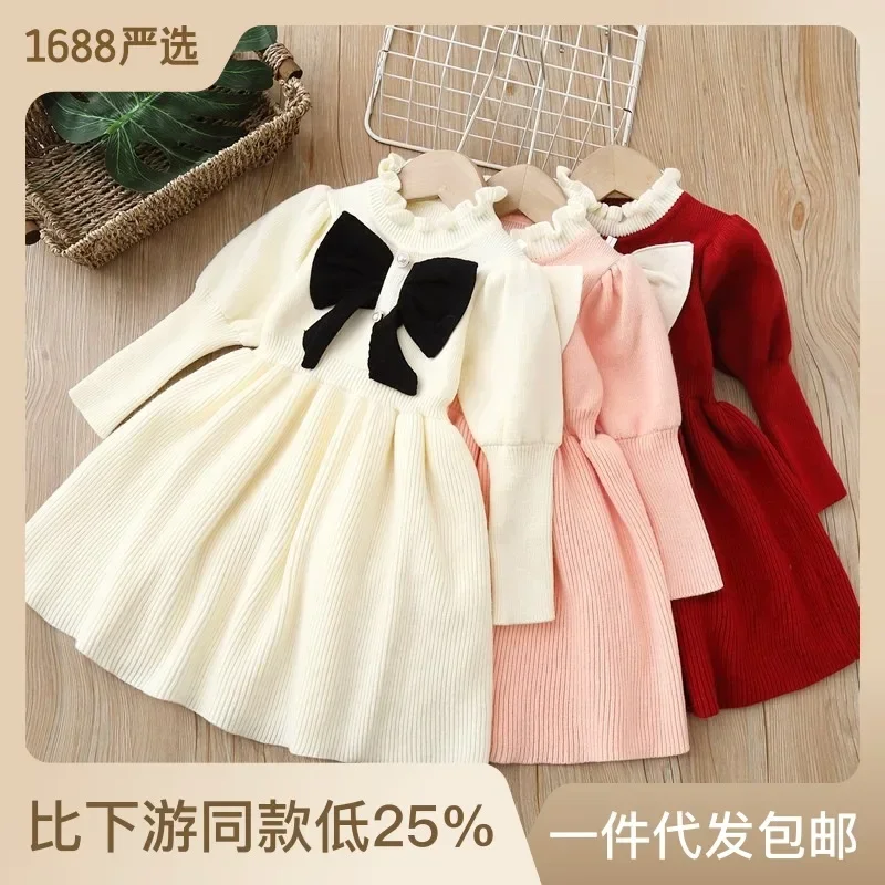 

Baby Girls Dresses Autumn Winter Kids Knitted Long Sleeve Dress Bow Fashion Princess Dress Party Clothes Vestidos