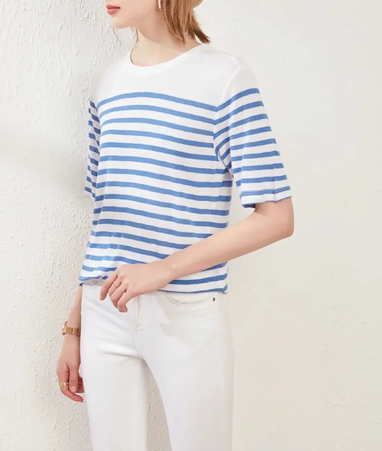 Meeting Rainbow Knitted Linen Stripesd Short-Sleeved T-Shirt for Women, Light and Thin/Female Half-Sleeved Webk, Summer Clothing