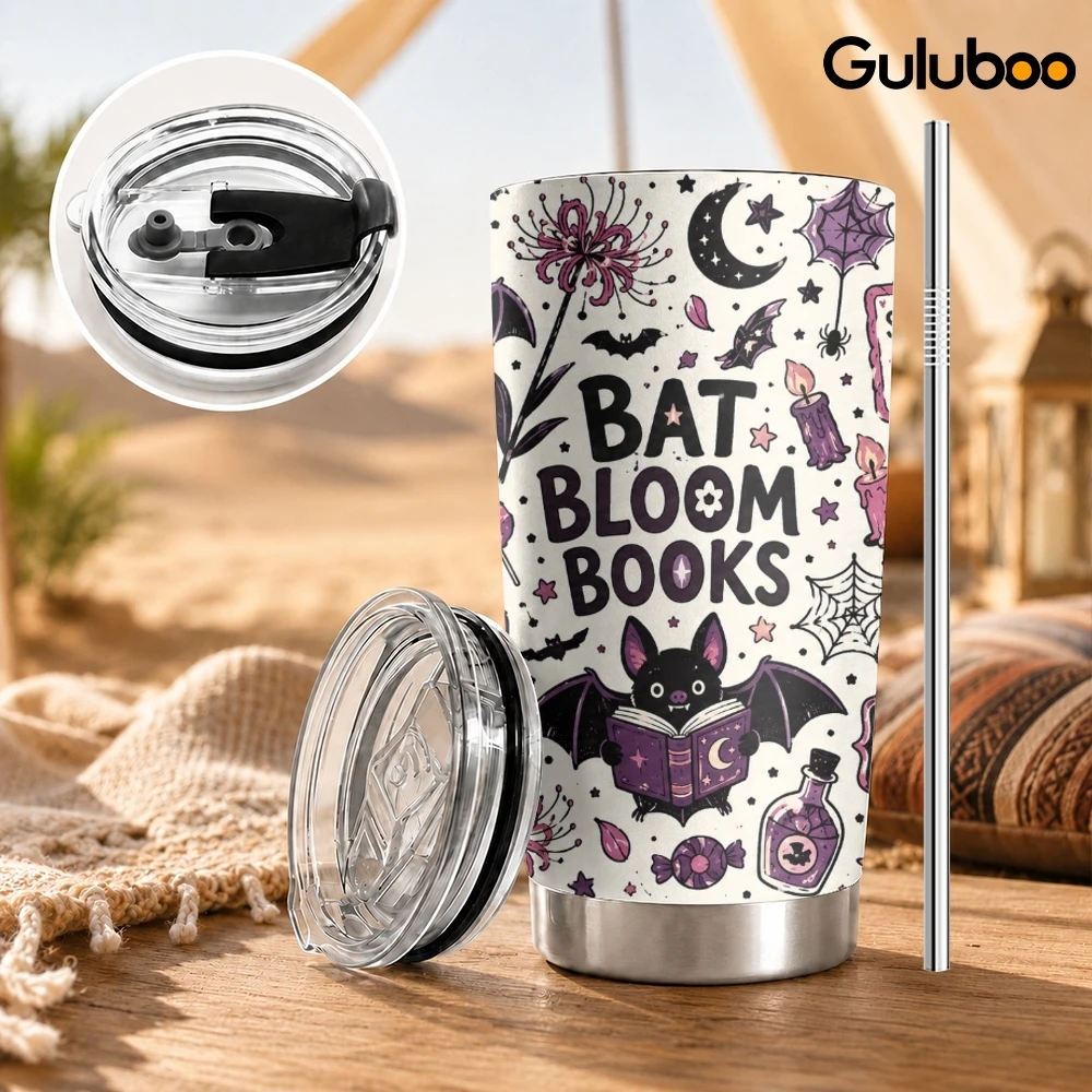Spooky Bookish Creatures Vacuum Flasks 20oz Stainless Steel Insulated Tumbler Double Wall Drink Cup with 2 Lids Straw Travel Mug