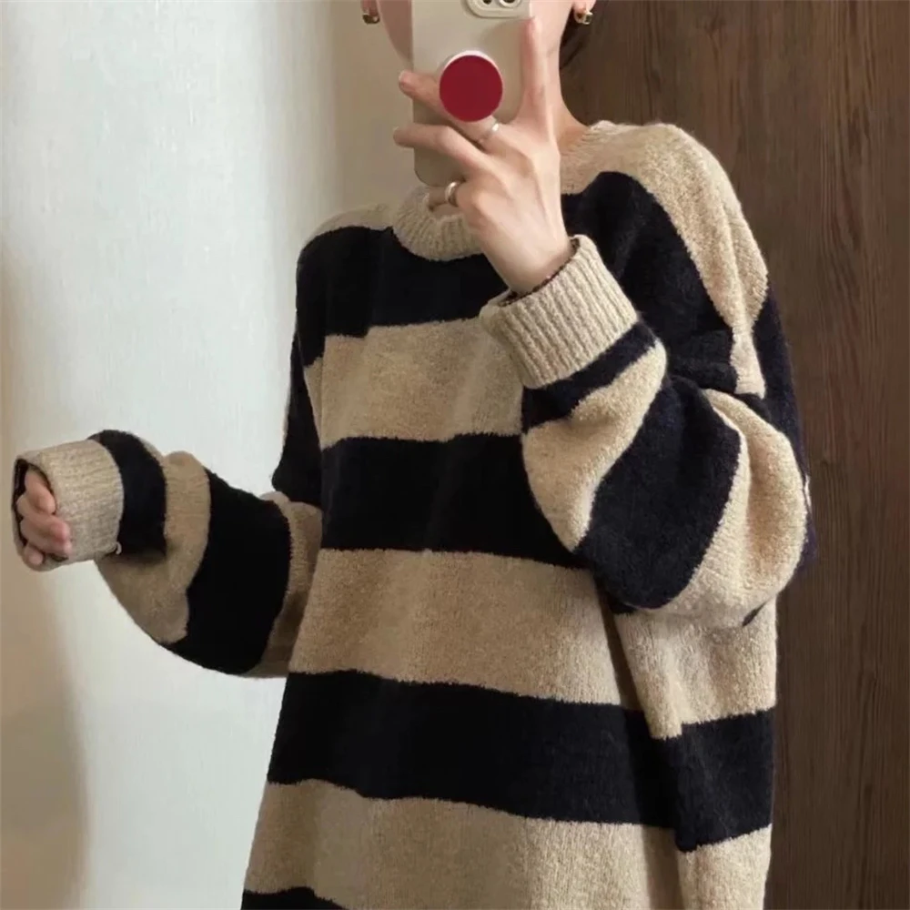 

Lu Knitted Sweater Sweet Sle Long Sve round Ne Mid-Length Regular Thin Autumn Season Color Wide Stripe De...