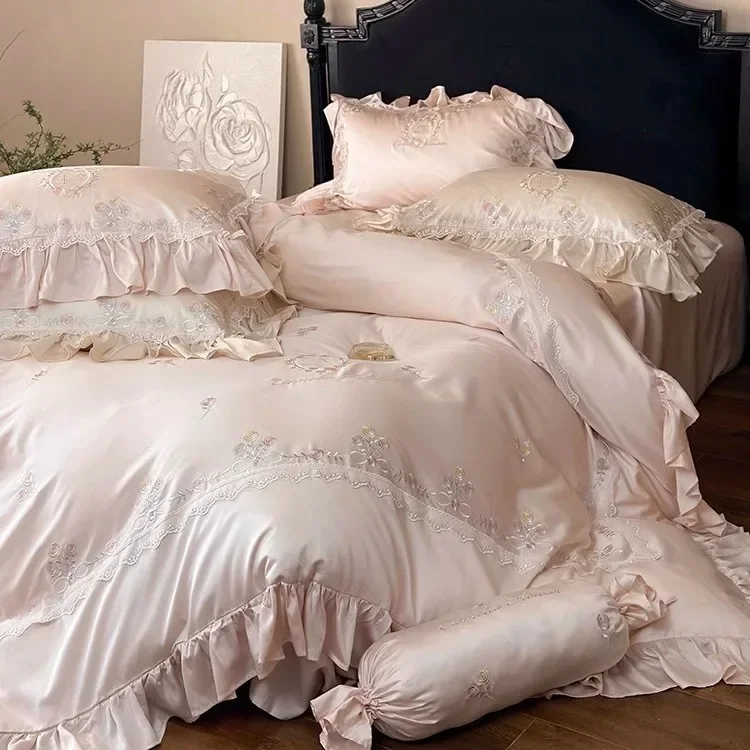 Romantic French Summer 100S Double sided Tencel Four piece Embroidered Quilt Cover Cool and Smooth 1.8m Bedding