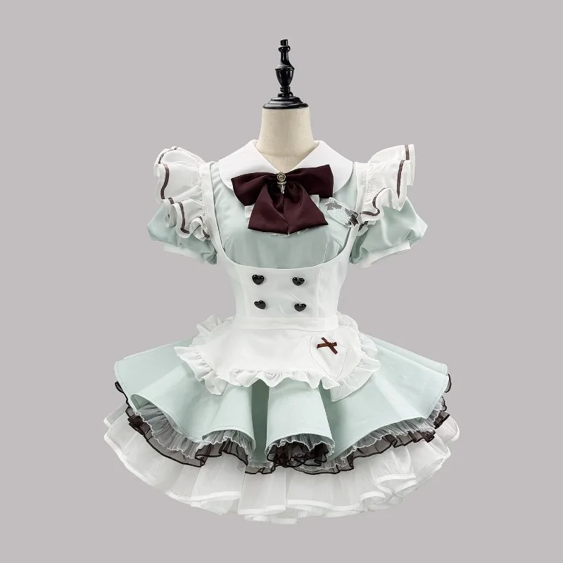 Neues rosa Sweet Girl Lolita Komplettset, Rüschen-Minikleid mit Schürze, Schleifen-Kopfschmuck, Halloween-Party-Rollenspielkostüm