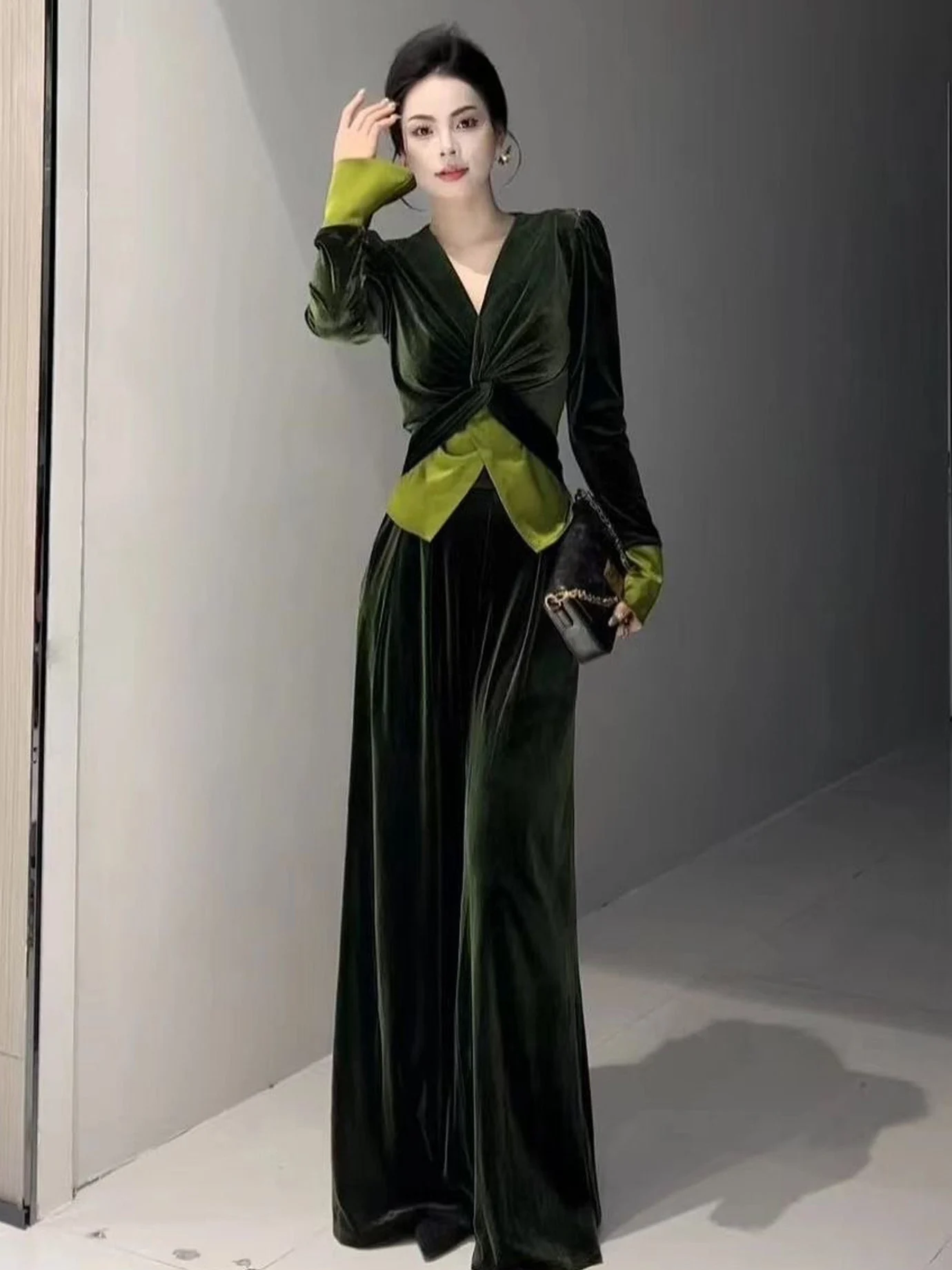 Elegant Twist Design V-Neck Long Sleeve Top High Waist Casual Pants Two-Piece Set Women's Autumn New Style Casual Wear