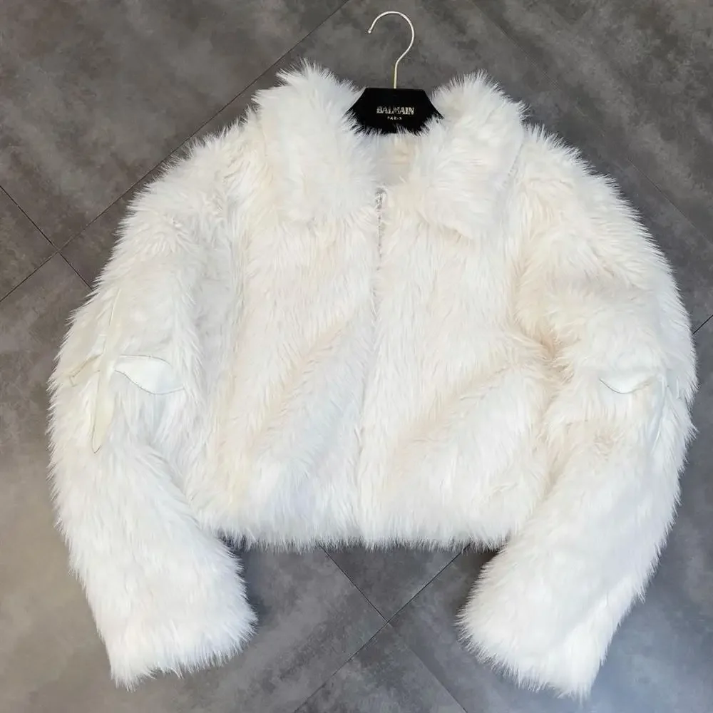 Winter Faux Mink Fur Turn Down Collar Bomber Jacket Patch PU Cross Fluffy Streetwear Coat Simulation Fox Fur Parka Cardigan Tops