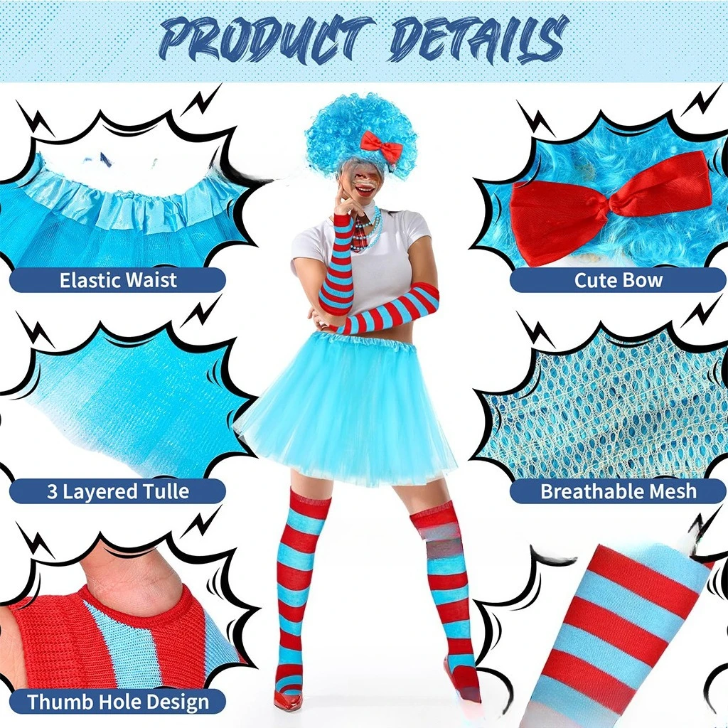 مجموعة أزياء الكرنفال - شعر مستعار أفرو مع فيونكة، سلسلة خرز متصلة، جوارب مخططة لتدفئة الذراع وتنورة توتو، طقم ملابس للحفلات الاحتفالية