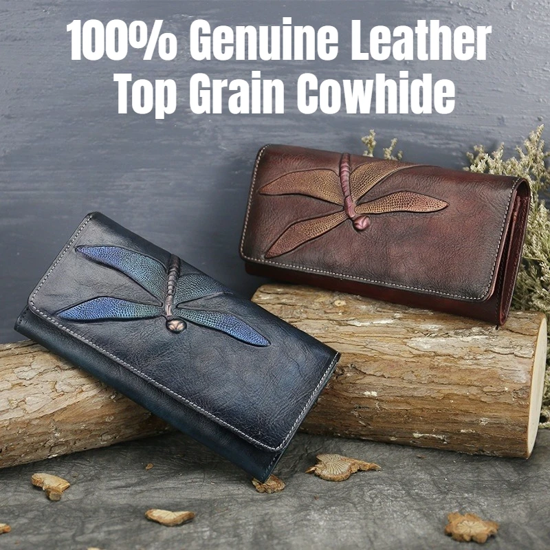 

Genuine Leather Wallet for Women, Long Clutch Butterfly Embossed, Top Grain Cowhide Multi Card Holder