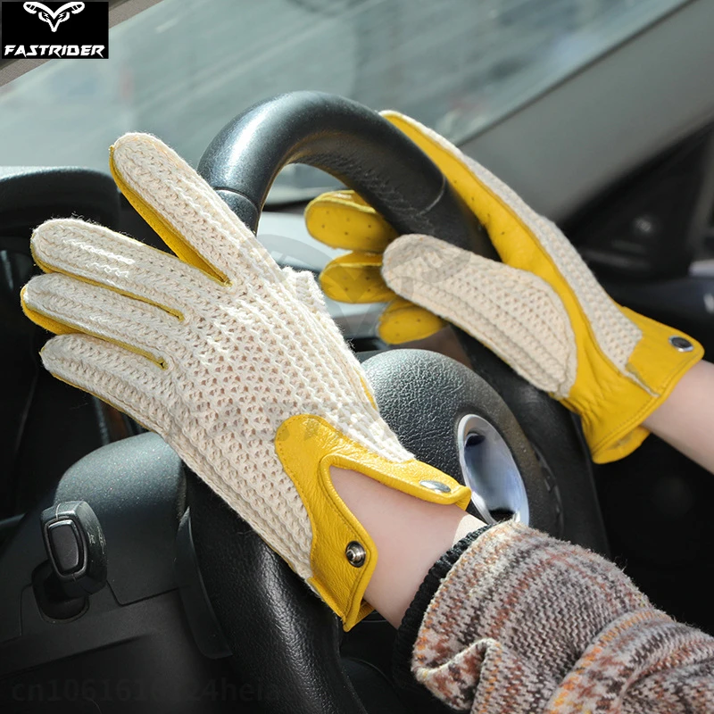 Retro Motorcycle Gloves for Men and Women Genuine Leather Knitted Mesh Touchscreen Breathable Leather Gloves for Drivers