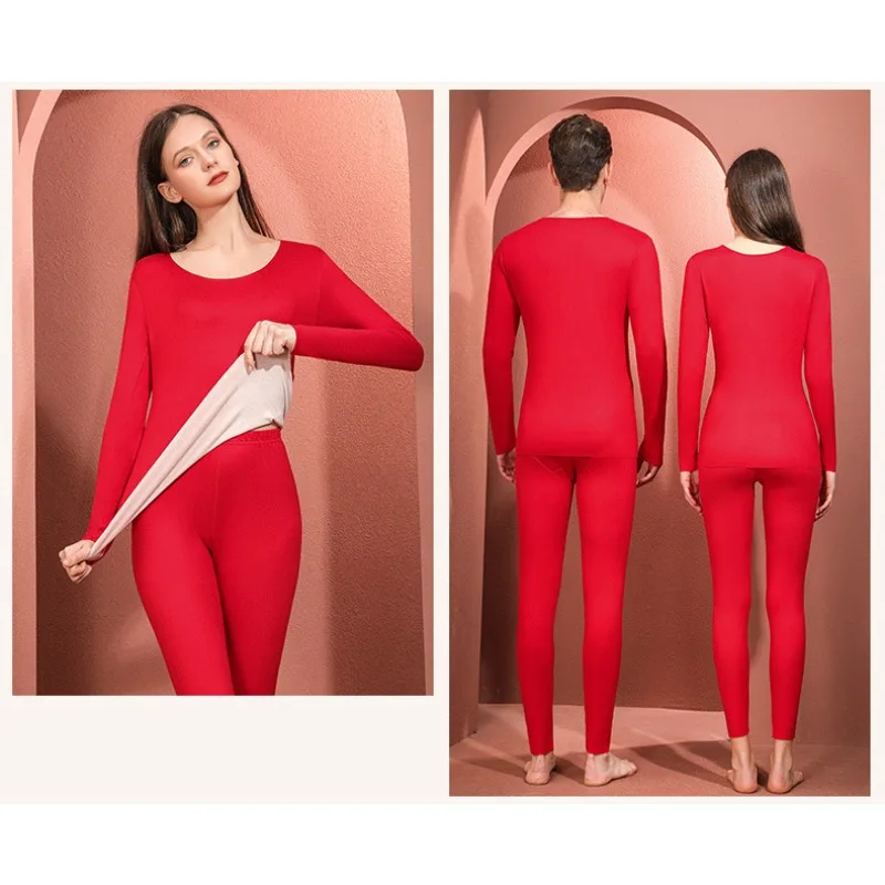 

Two Piece Set Couple Lingerie Thermal Underwear Men AB Surface Fall Clothes and Pants Set of Women Non-marking Bottoming Shirt