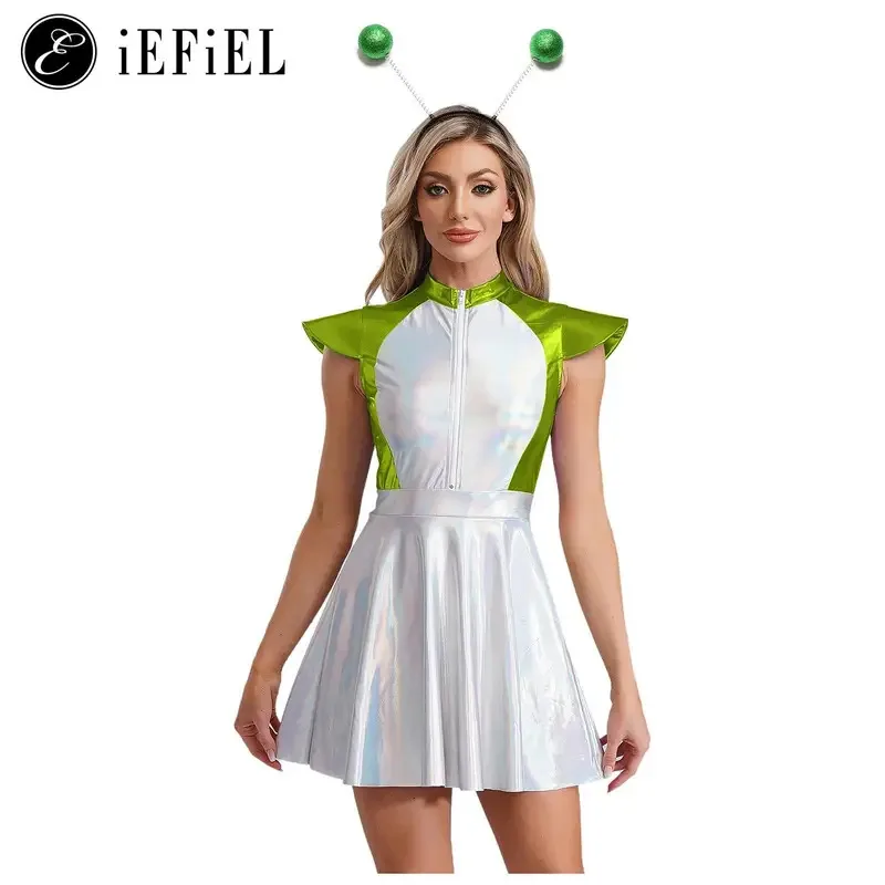 

Женский костюм для косплея космонавта инопланетянина робота, блестящее платье-пачка трапециевидной формы с развевающимися рукавами и повязкой на голову для карнавальной вечеринки