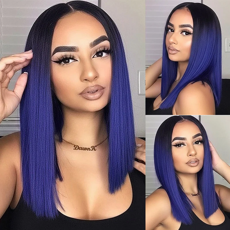 

European American high-temperature synthetic fiber wig with black and purple gradient color, long straight hair, African mid