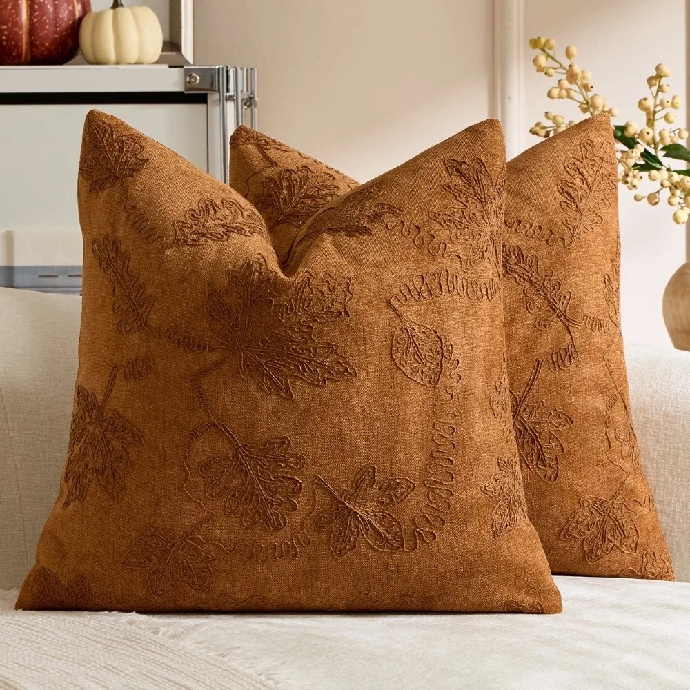 45*45CM Pumpkin Maple Leaf Pillowcases Soft String Embroidery Halloween Pillow Covers Sofa Decor Zippered Pillow Protectors
