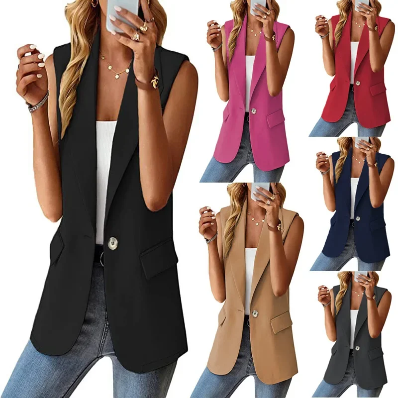 

2024 Fashion Spring/Summer New Polo Collar Suit Vest Women's Style Commuter Sleeveless Cardigan Tank Top Women