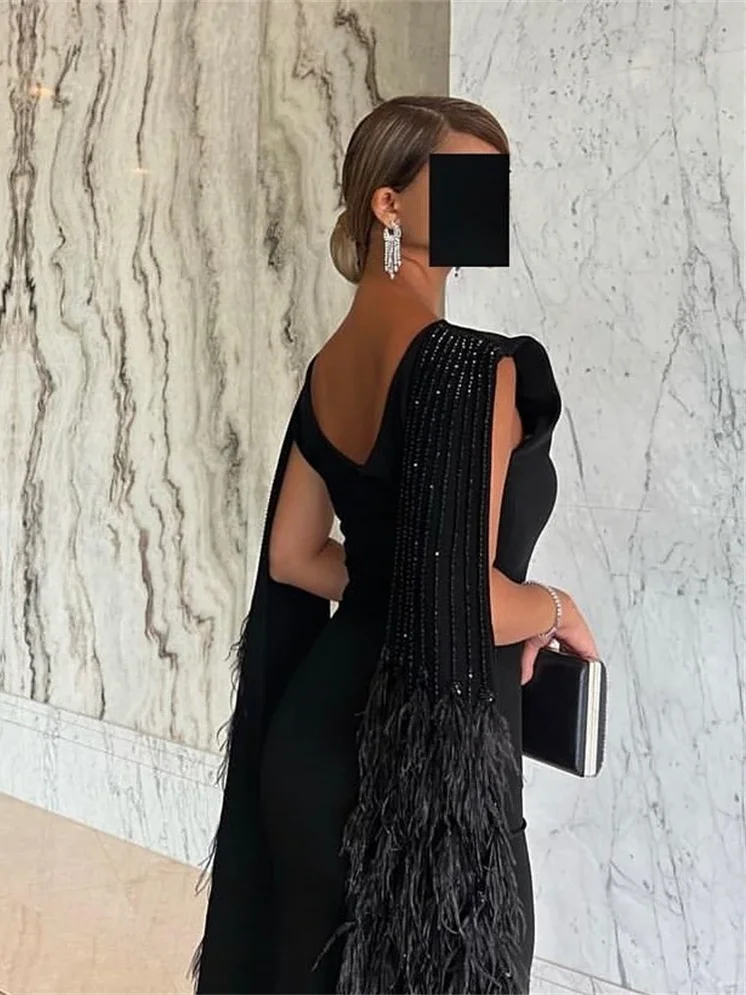 Oisslec Prom Dress guadalupe pettulion pettulyflunds squart 6. 5 axis unsock pearserm Boat Neck Feather Women Formal Occasion abito da sera Islamic muslimexmuslimex ex ex squart