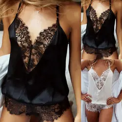 Sexy Women Lace Sleepwear Jumpsuit V Neck Backless Erotic Night Clothes One-piece Onesies Women Silk Pajama Nightgown Babydolls