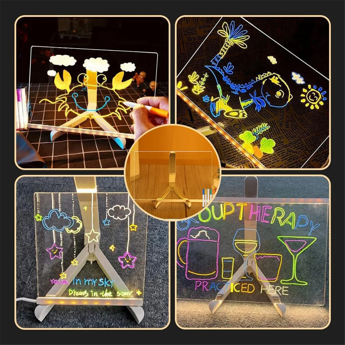 AT42 2025 Светодиодная цветная доска для заметок, акриловая доска для сообщений с регулируемым кронштейном, 7 цветных ручек, 20x20 см.