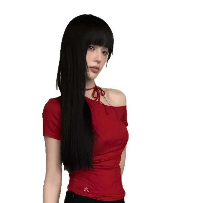 long straight for women with bangs, fluffy and natural, everyday black full , Fujiang manga wig