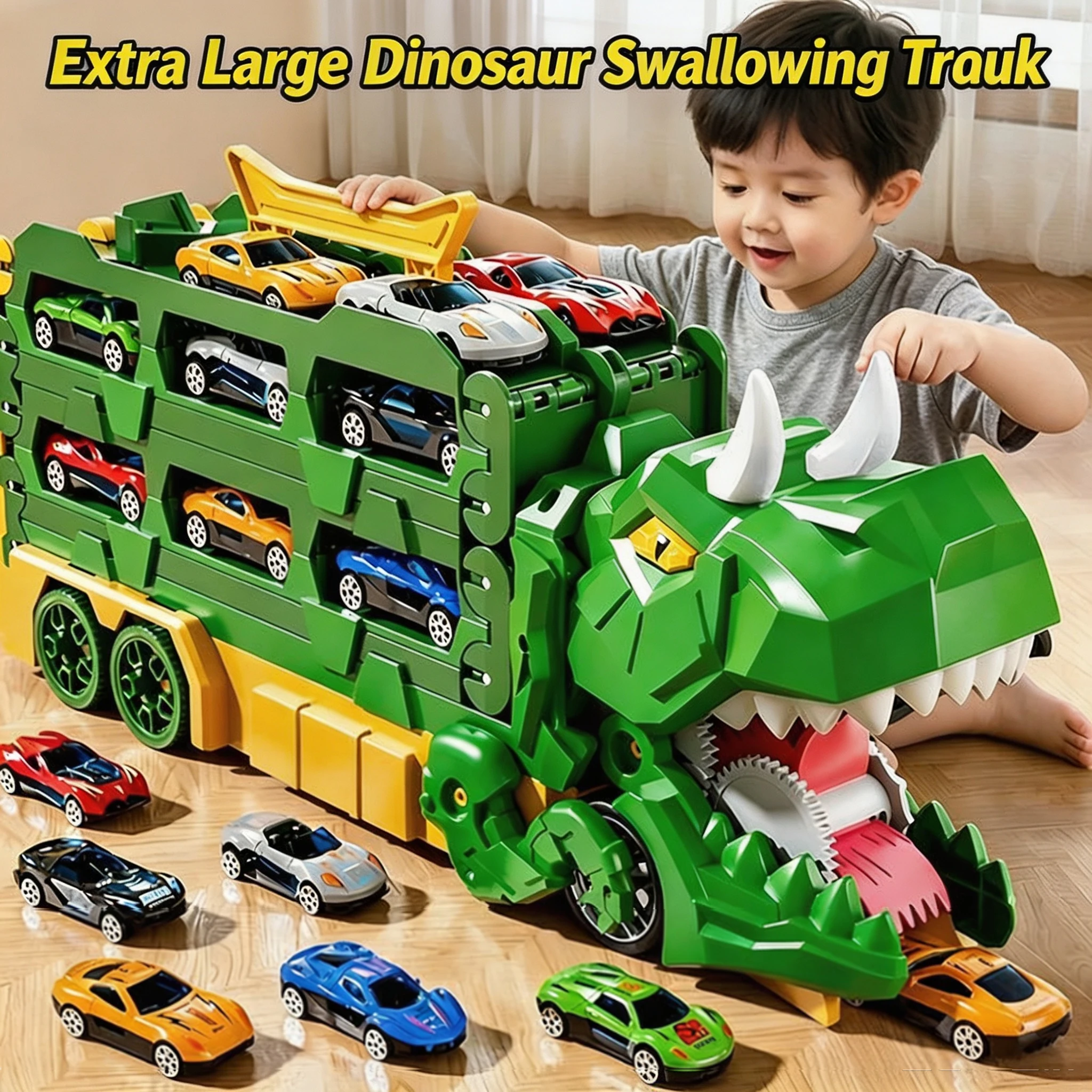 Kids Dinosaur Toy with Track Car, Transforming Sliding Eject Alloy Racer, Creative Gift for Boys Children