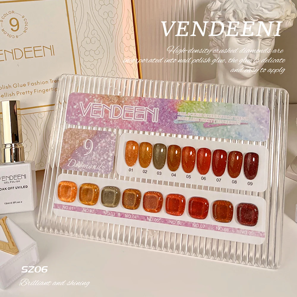 Vendeeni TPO FREE 9 Farben/Set Orange Glitzer Gebrochener Diamant Gel-Nagellack Herbst-Ahornblatt UV-LED-Gel-Lack mit Display – Detail 1