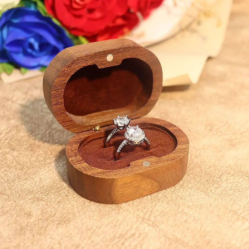 Handmade Wedding Ring Box Wooden Double Slots Rings Bearer Box Portable Magnet Closure Walnut Wood Rings Box Ring Display