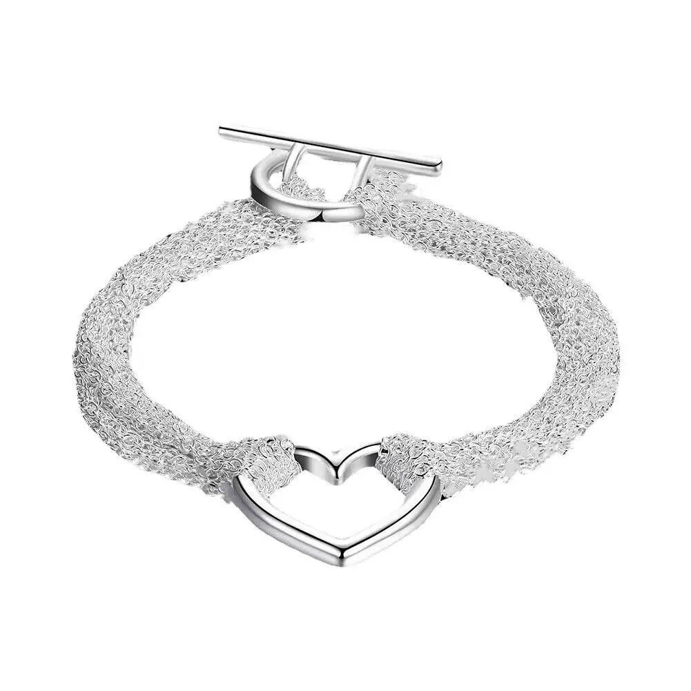 925 Sterling Silver 8 Inch 20CM Heart Tassel Braided Bracelet With Toggle Button