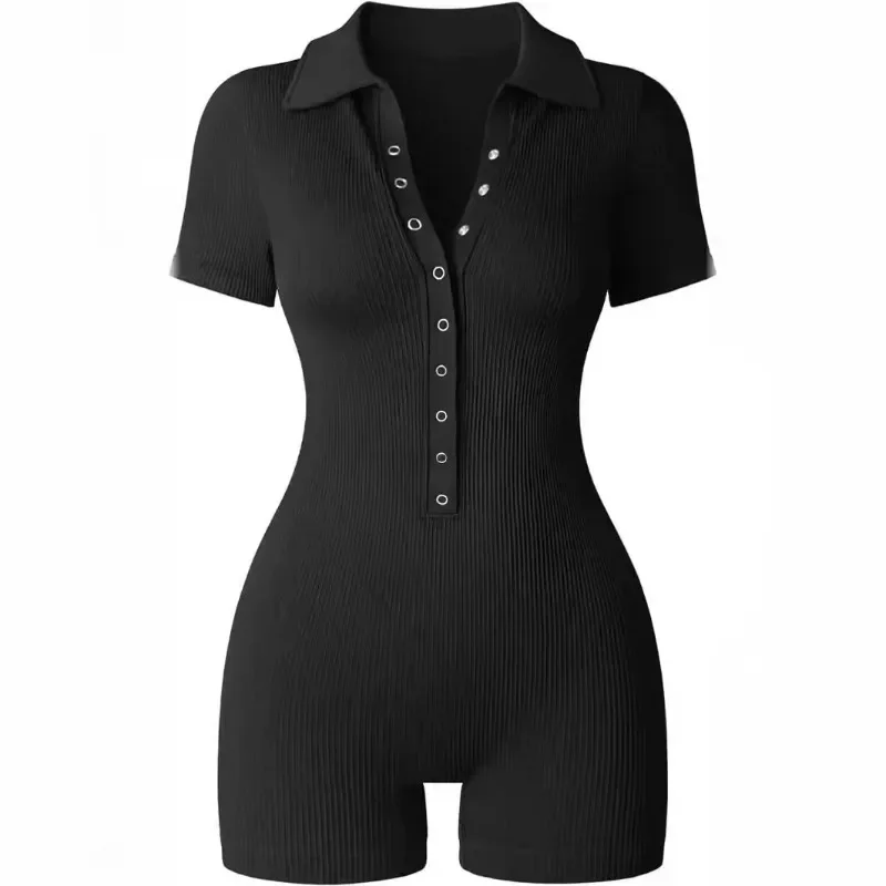 Women Solid Color Short Sleeve Playsuit Bodysuit Romper Pants Single Breasted Button Sexy Slim Playsuits