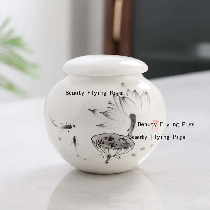 1pc Ceramic Mini Tea Jar Kitchen Seasoning Storage Tank Chinese Style Green Tea Empty Packaging Can Ceramic Perfume Powder Jar