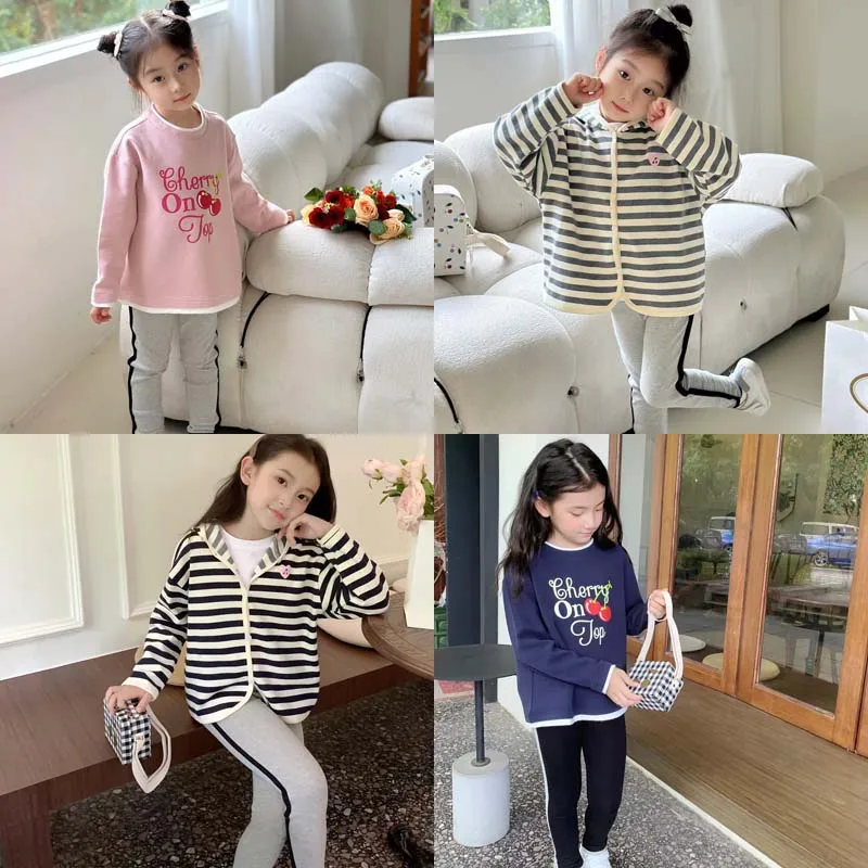 

In Stock 2024 Autumn Baby Girls Cute Cherry Letter Printed Casual Sweatshirt Boys Striped Hooded Jacket Girls Patchwork Leggings