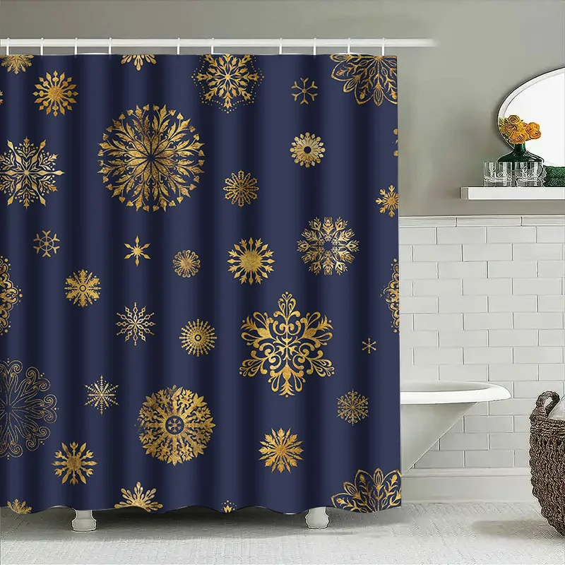 

Luxurious Golden Snowflake Printed Blue Shower Curtain Home Decor Waterproof Privacy Shield 72X84in (183x213cm)