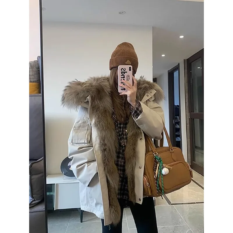 Shpmishal ملابس العمل المتقدمة كبيرة الفراء طوق سترة قطن المرأة 2025 الخريف والشتاء معطف سميك جديد الإناث Cothing