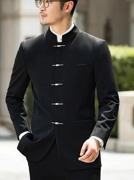 

New Chinese Sle Wedding Suit Men's Slim Fit Jaet Stand Collar Wedding Dr Code Youth Autumn Polyester Fiber Single Button