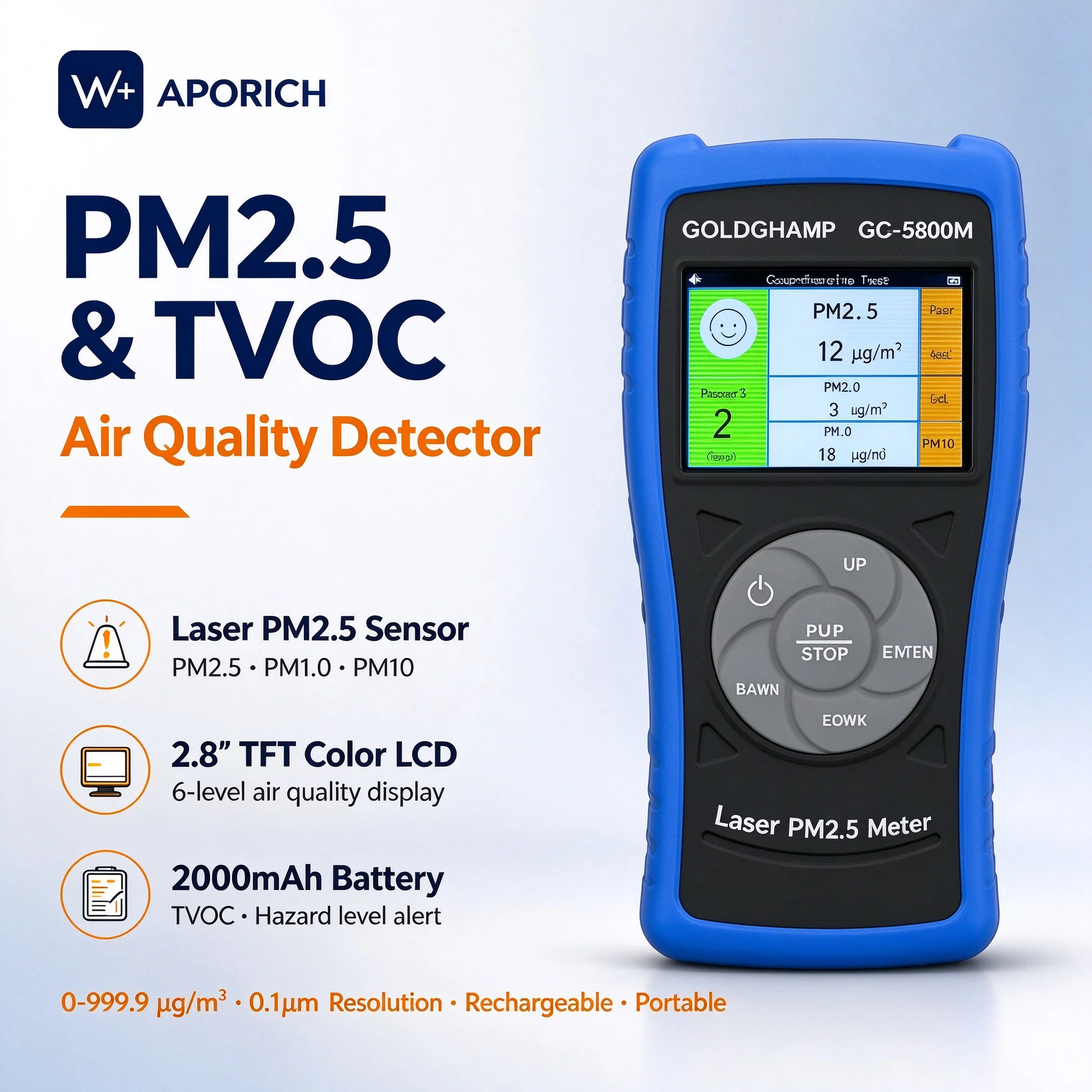 Air Quality Pollution Monitor, Indoor Air Quality Pollution Monitor Detects PM2.5/PM10/PM1.0 Micron Dust,Rechargeable