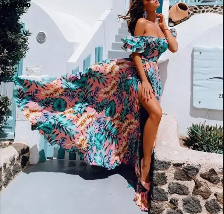 

2023 summer new women's fashion casual sexy strapless print waist temperament dress