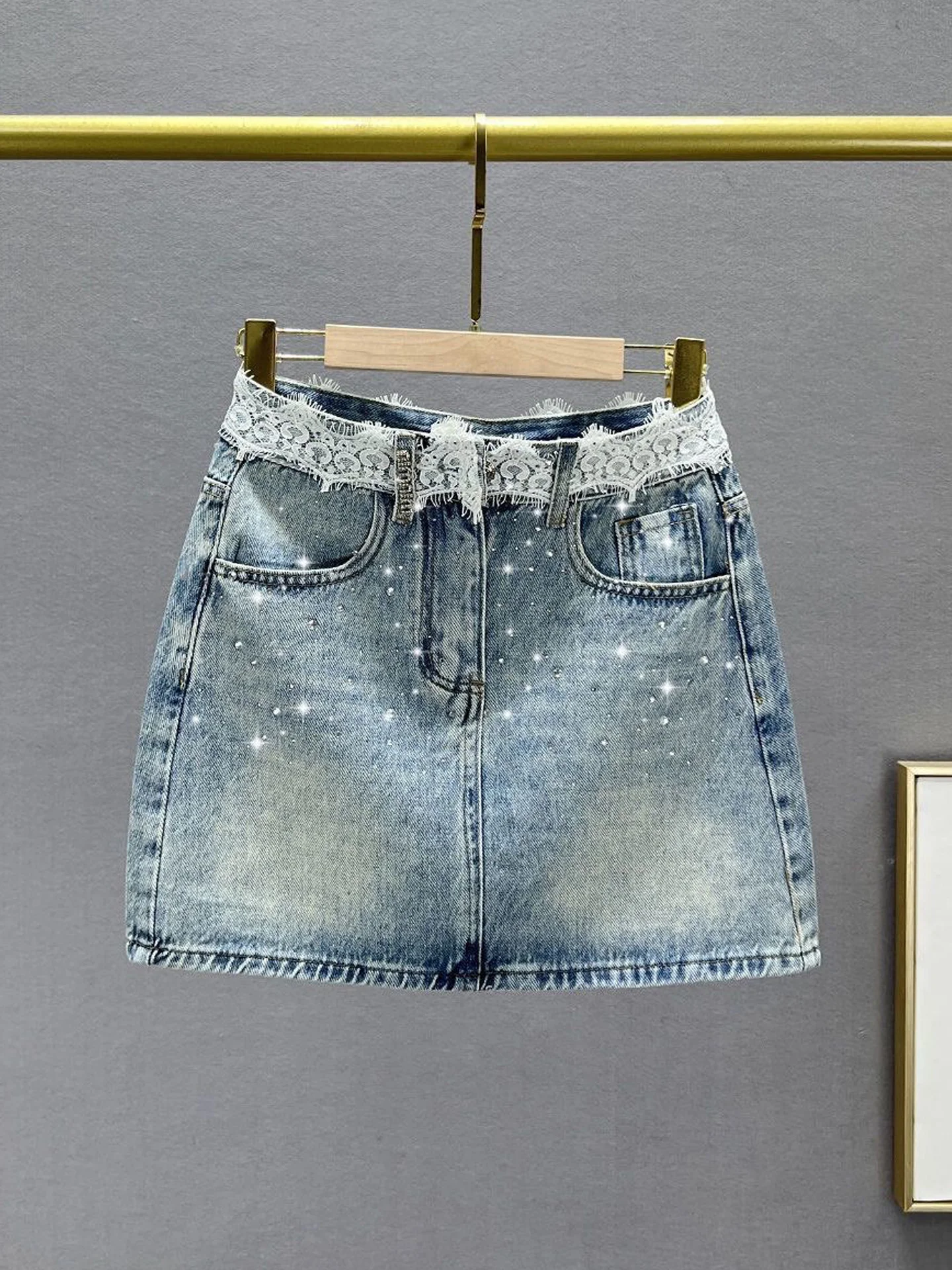 High Waist Slim Fit Short Denim Skirt with Lace Splicing And Rhinestone for Women Autumn Fashion Trend Korean Style Half Body...