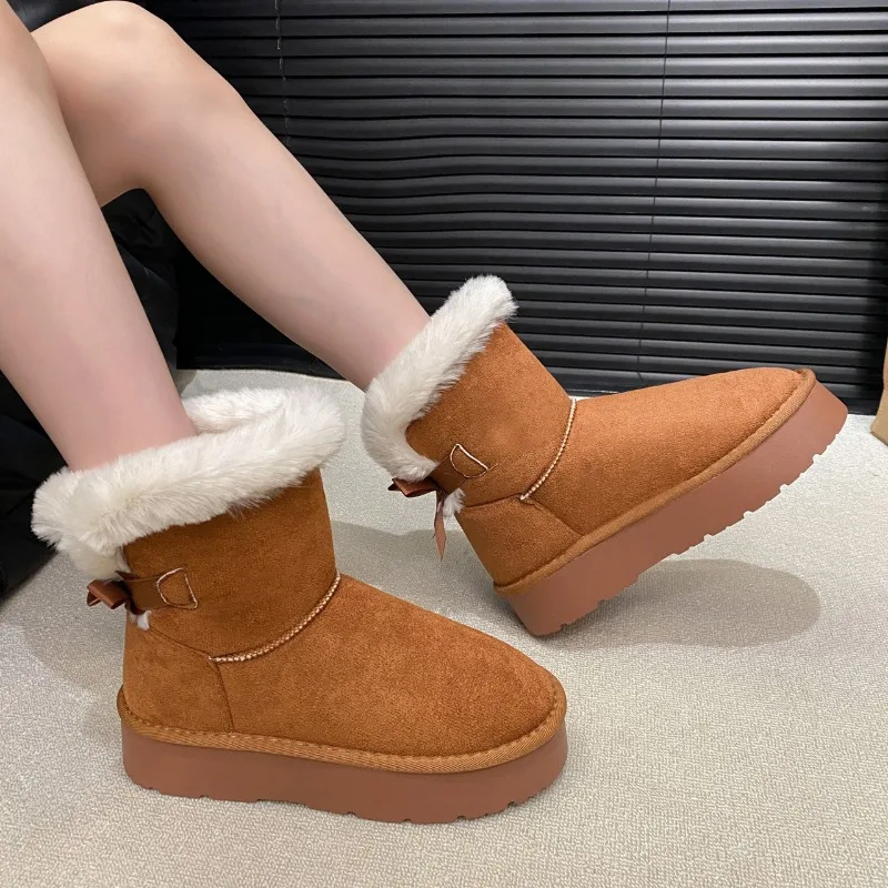 

Winter New Cotton Boots Women's Fashion Round Toe Suede Plush Bow Platform Snow Boots