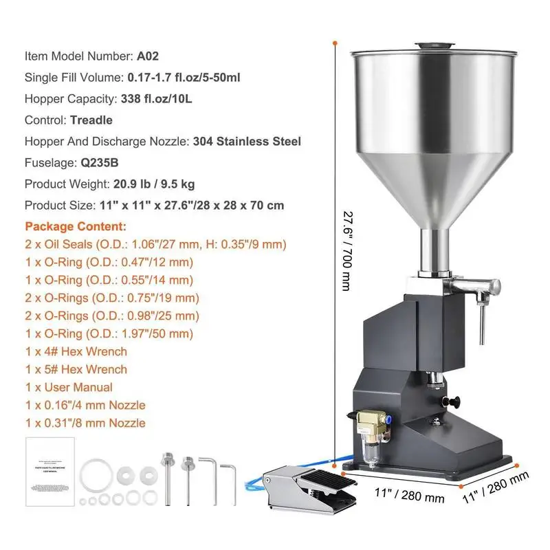 Machine de remplissage manuelle 5-50 ml, machine de remplissage de liquides en acier inoxydable 304 de qualité alimentaire et silicone PTFE, compatible avec un compresseur d'air de 500 W, pour le remplissage de miel, d'huile et d'essences.