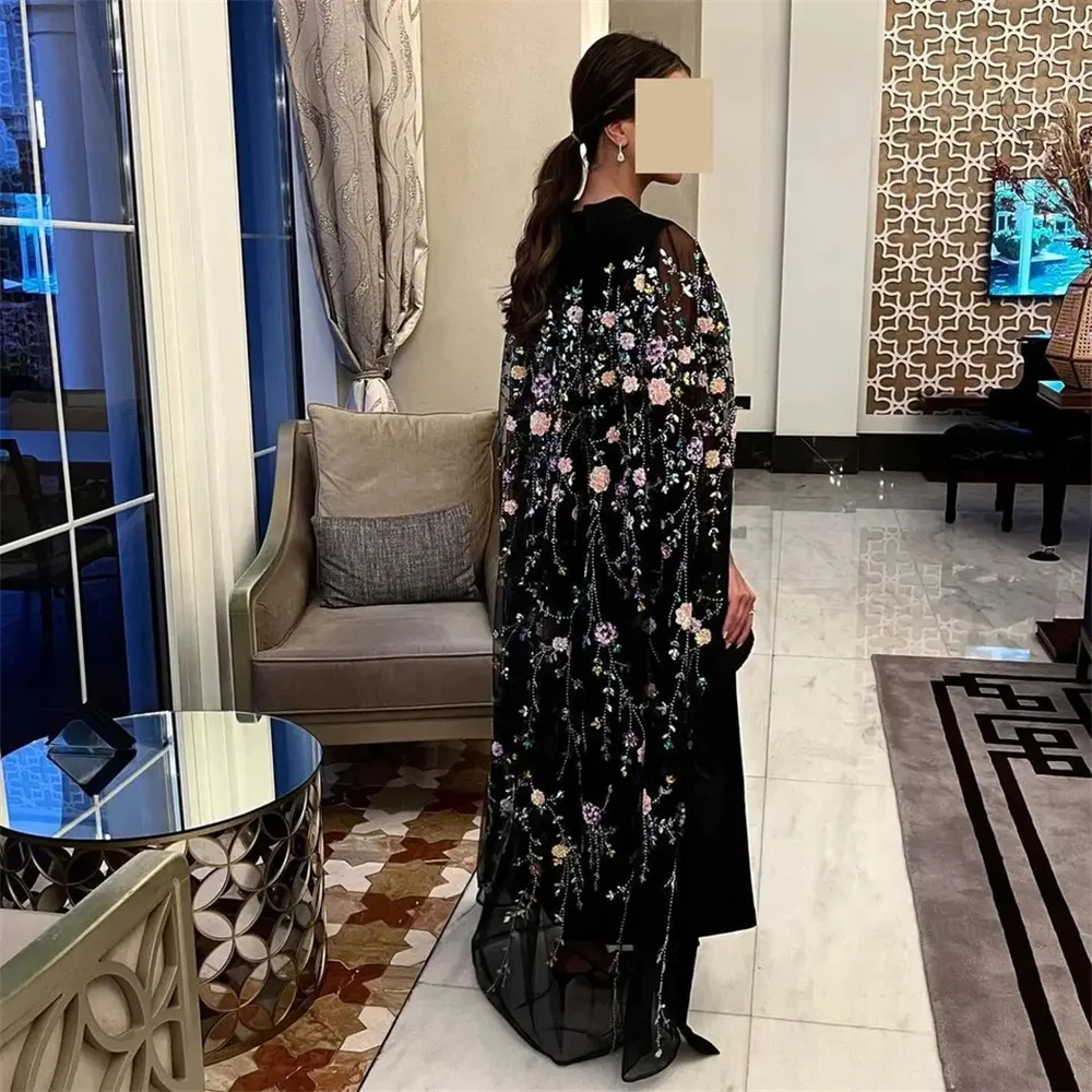 Annie Black Luxury Formal Occasion Evening Dress فساتين السهرة 3D Flower With Cape Elegant Ladies Evening Dress Party Dress