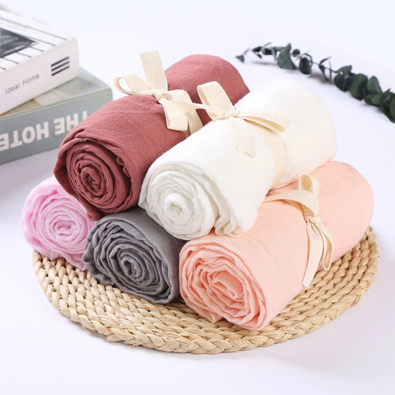 Solid Color Cotton Muslin Baby Blanket + Bowknot Headband + Baby Hat Newborn Photography Props Swaddle Wrap Baby Shower Gift Box