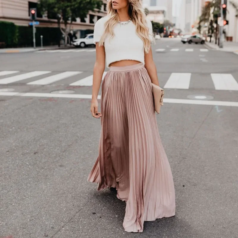 Gonna da donna di moda Prom stile coreano solido a vita alta abiti larghi eleganti da donna a pieghe gonne lunghe vestiti OFE03