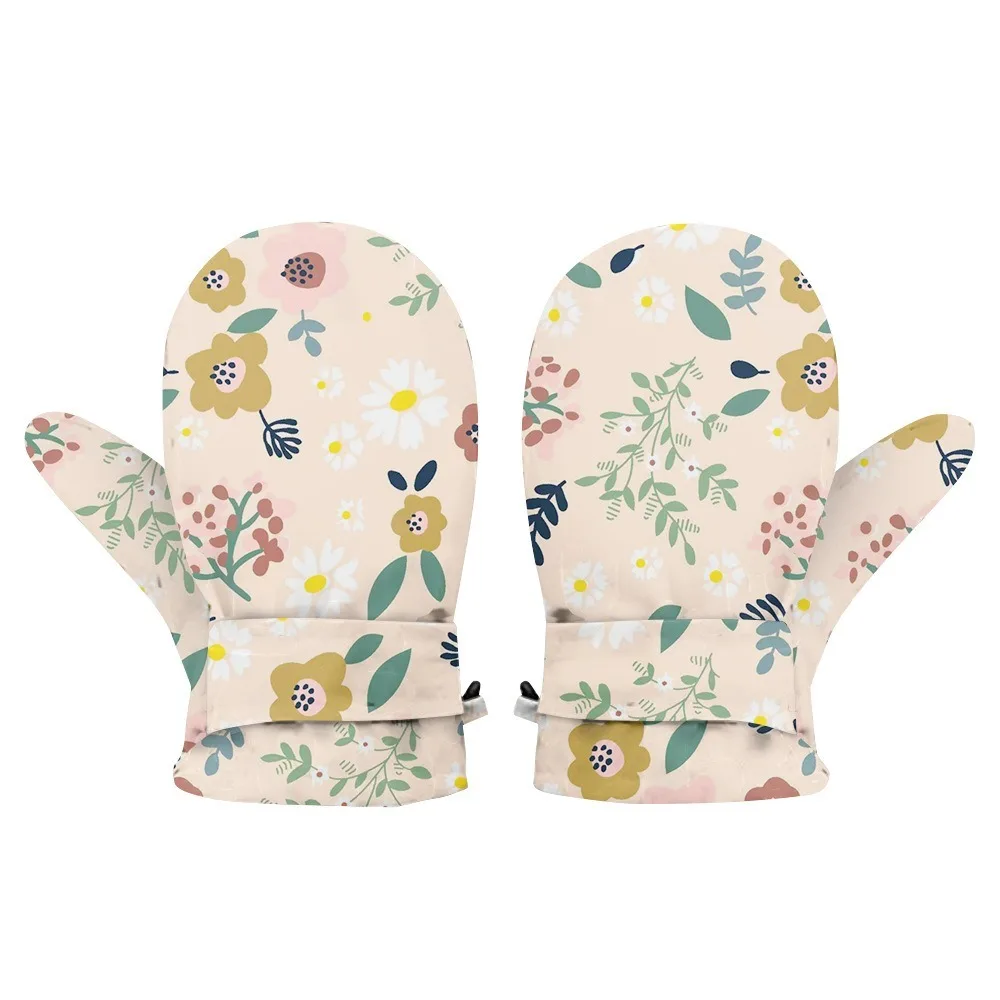 Cute Floral Waterproof Mittens Anti‑Lost Clip Fleece Lined Snow Mittens 2-6Years Winter Gloves