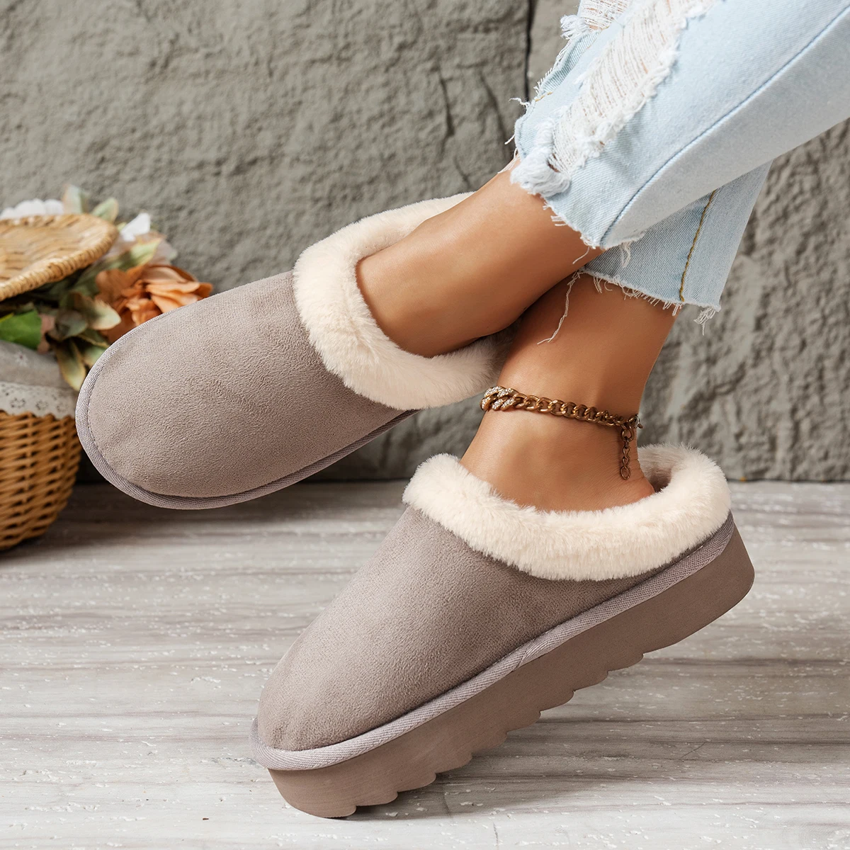 Wintermode Damen Flauschige Dicksohlige Freizeitschuhe, Dicksohlige Rutschfeste und Warme Hausschuhe mit Fellfutter – Detail 26