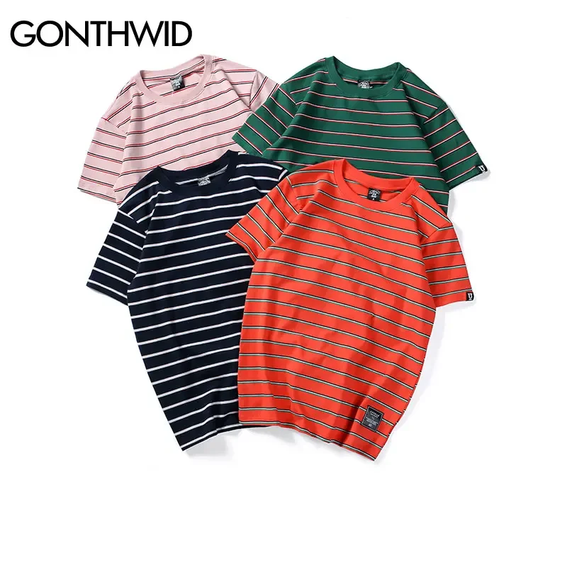 GONTHWID Harajuku Stripe T Shirts Men/Women Hip Hop Casual Cotton Short Sleeve Tops Tees Summer Fashion Tshirts Black Red Pink