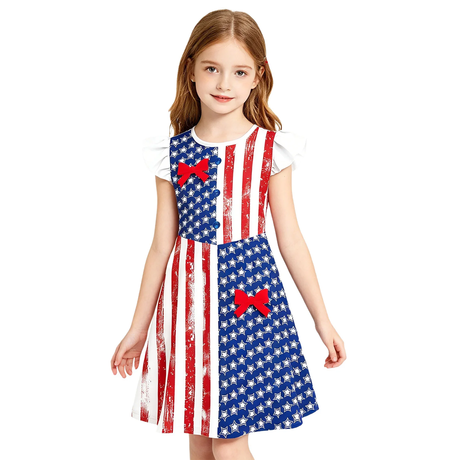 Kids Girls Star-patterned Flutter-sleeve Adorable Dress with Stripes Buttons and Bows for Independence Day Daily Wearing